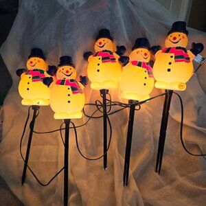 VTG Snowman 10” Blow Mold Light Strand of 5 Working 2 w/small defects